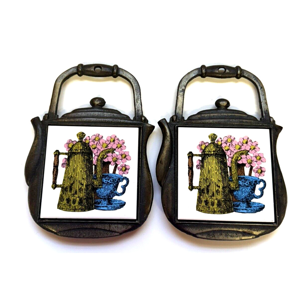 Vtg. Pair Cherry Trivet Tile w/Coffee Pot, Cup & Floral Scene Iron Trivet Teapot